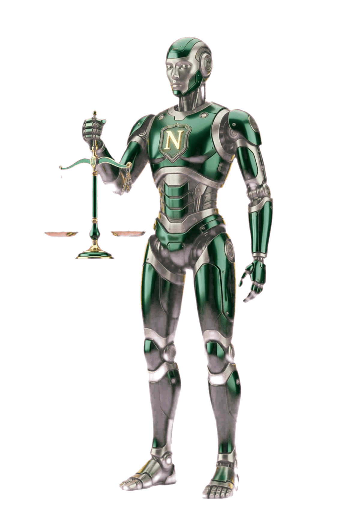 Robot NotarIA assemblé brandissant la balance de la justice